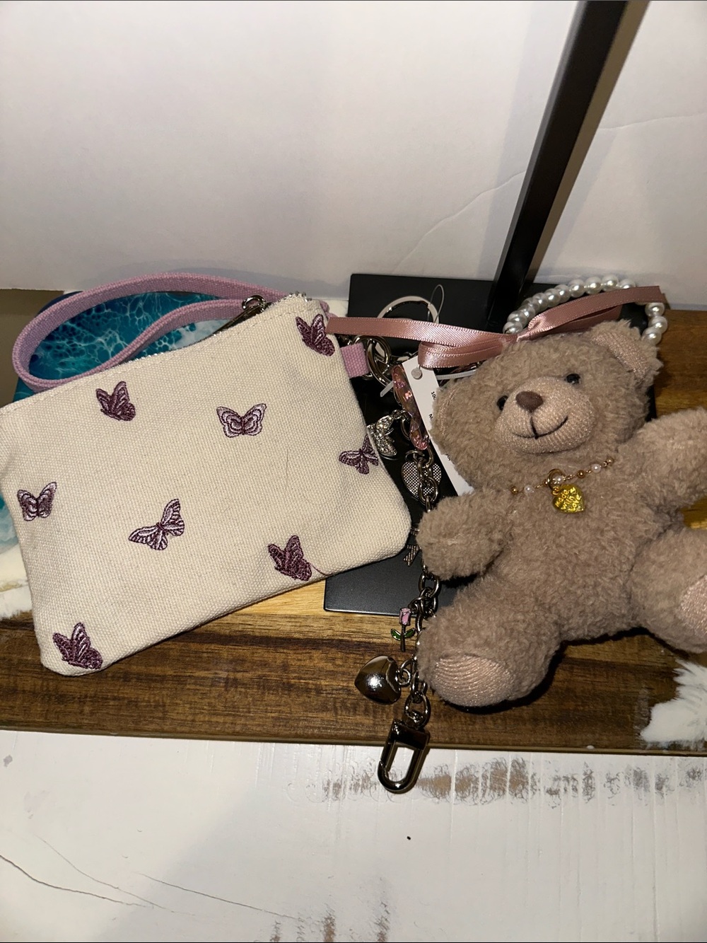 Plush Beige Teddy Keychain with Pink Bow and Charm Accent - Picture 3 of 3